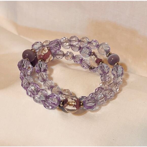 Multi-wrap Memory Wire Light Purple & Purple/Silver Glass Bead Bracelet - Picture 3 of 3